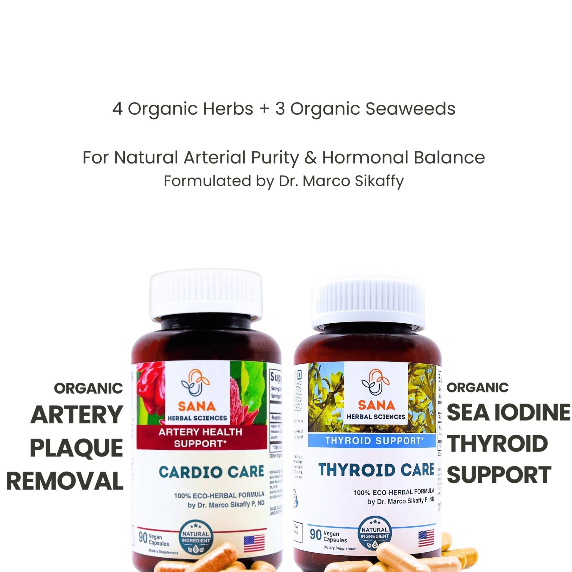 Sana Herbal Sciences Artery Plaque Removal & Sea Iodine Thyroid Support Organic Blends - Maple Wellness Supplements