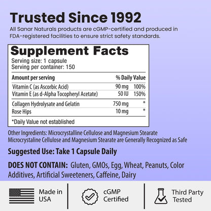 Sanar Naturals Collagen Pills, 150 Capsules | Supports Skin Elasticity, Hydration, Hair, Nails and Joints | Hydrolyzed Collagen Peptides Supplement with Vitamin C and E, Grass Fed, Non GMO - Maple Wellness Supplements