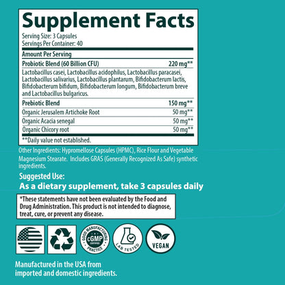 Sanar Naturals Probiotics 60 Billion CFU – Support, Digestive & Gut Health - Probiotics for Women and Men - Vegan, Non-GMO, Gluten Free, 120 Capsules - Maple Wellness Supplements