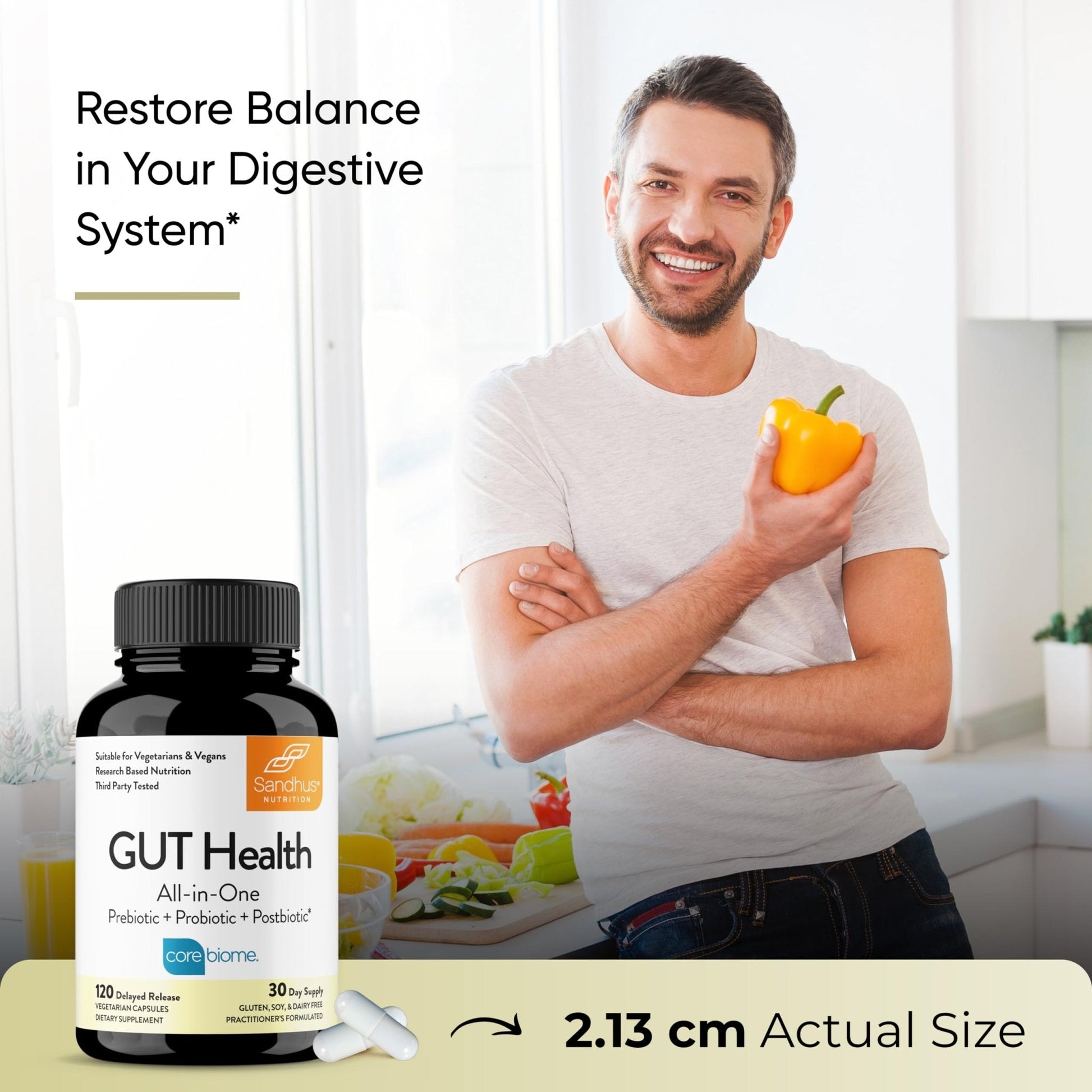 Sandhu's Gut Health - Prebiotic, Probiotic, Postbiotic & L-Glutamine | Digestive Health, Colon, Probiotic Total Supplements | 120 Delayed Release Capsules - Maple Wellness Supplements