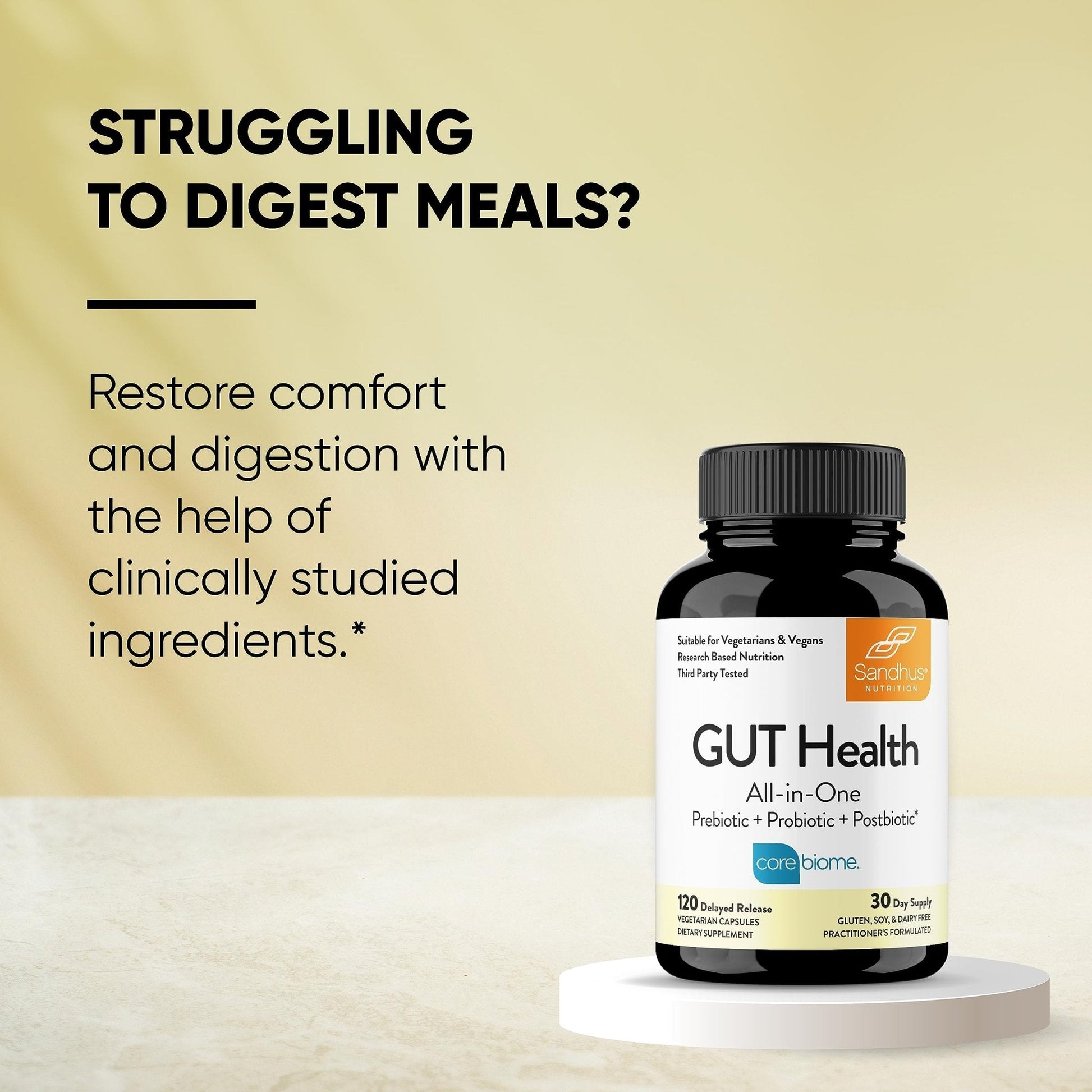 Sandhu's Gut Health - Prebiotic, Probiotic, Postbiotic & L-Glutamine | Digestive Health, Colon, Probiotic Total Supplements | 120 Delayed Release Capsules - Maple Wellness Supplements
