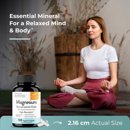 Sandhu's Magnesium Glycinate Lysinate | 120 Easy to Swallow Chelated Vegan Capsules | Magnesium Lysine Chelate Supplement for High Absorption | for Best Sleep, Leg Cramps, Relaxation - Maple Wellness Supplements