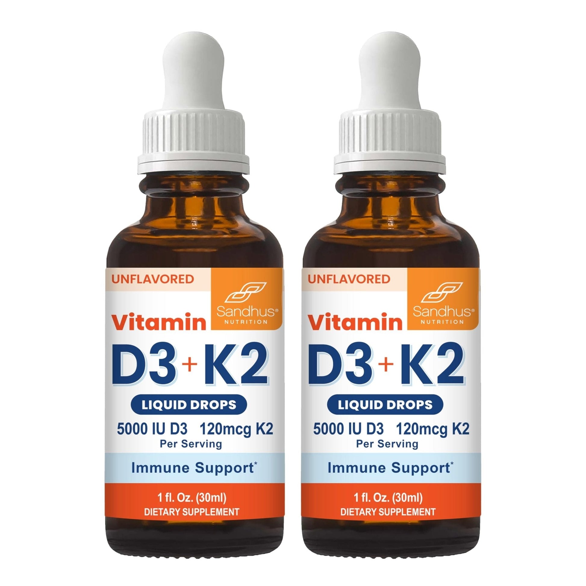 Sandhu's Vitamin D3 K2 Drops for Adults | 5000 IU D3 Liquid, 120mcg K2 Supplement 1 Fl Oz (Pack of 2) | D3K2 Supports Superior Absorption - Maple Wellness Supplements