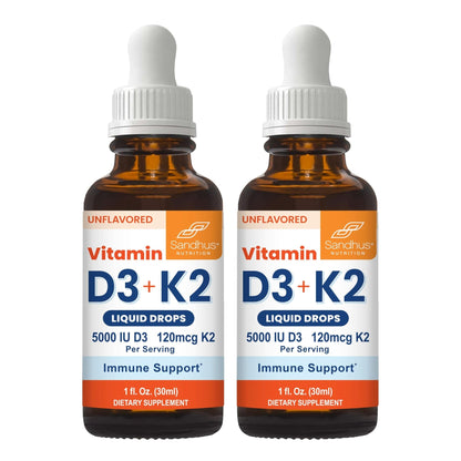 Sandhu's Vitamin D3 K2 Drops for Adults | 5000 IU D3 Liquid, 120mcg K2 Supplement 1 Fl Oz (Pack of 2) | D3K2 Supports Superior Absorption - Maple Wellness Supplements