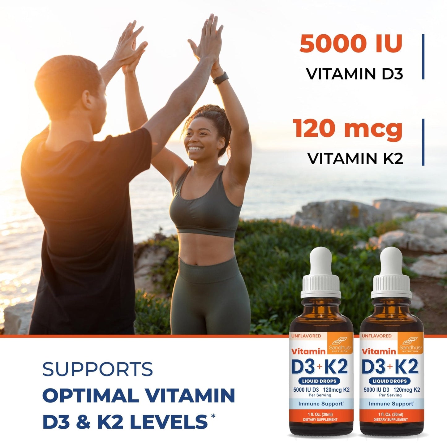 Sandhu's Vitamin D3 K2 Drops for Adults | 5000 IU D3 Liquid, 120mcg K2 Supplement 1 Fl Oz (Pack of 2) | D3K2 Supports Superior Absorption - Maple Wellness Supplements