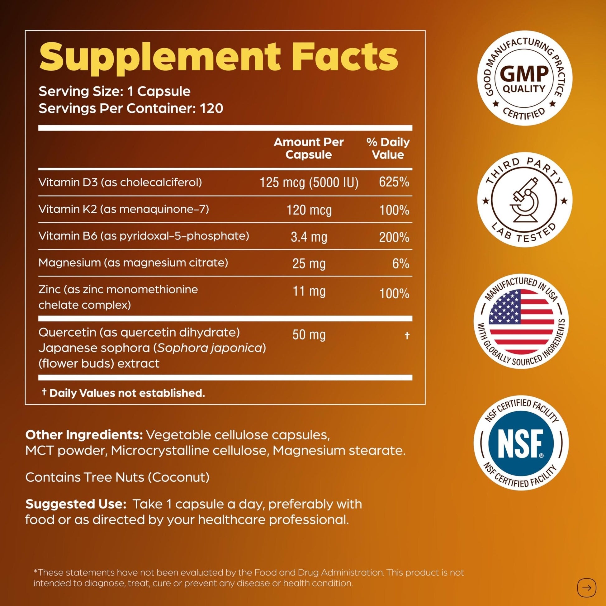 Sandhu's Vitamin D3 K2 Magnesium 5000 IU, 120mcg K2 Capsules 120 Count (Pack of 1) | with VIT B6, Zinc & Quercetin | D3K2 Supports Superior Absorption - Maple Wellness Supplements
