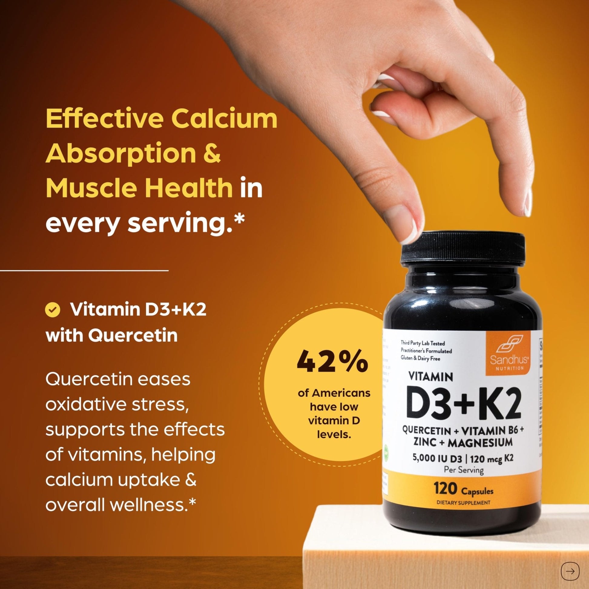 Sandhu's Vitamin D3 K2 Magnesium 5000 IU, 120mcg K2 Capsules 120 Count (Pack of 1) | with VIT B6, Zinc & Quercetin | D3K2 Supports Superior Absorption - Maple Wellness Supplements