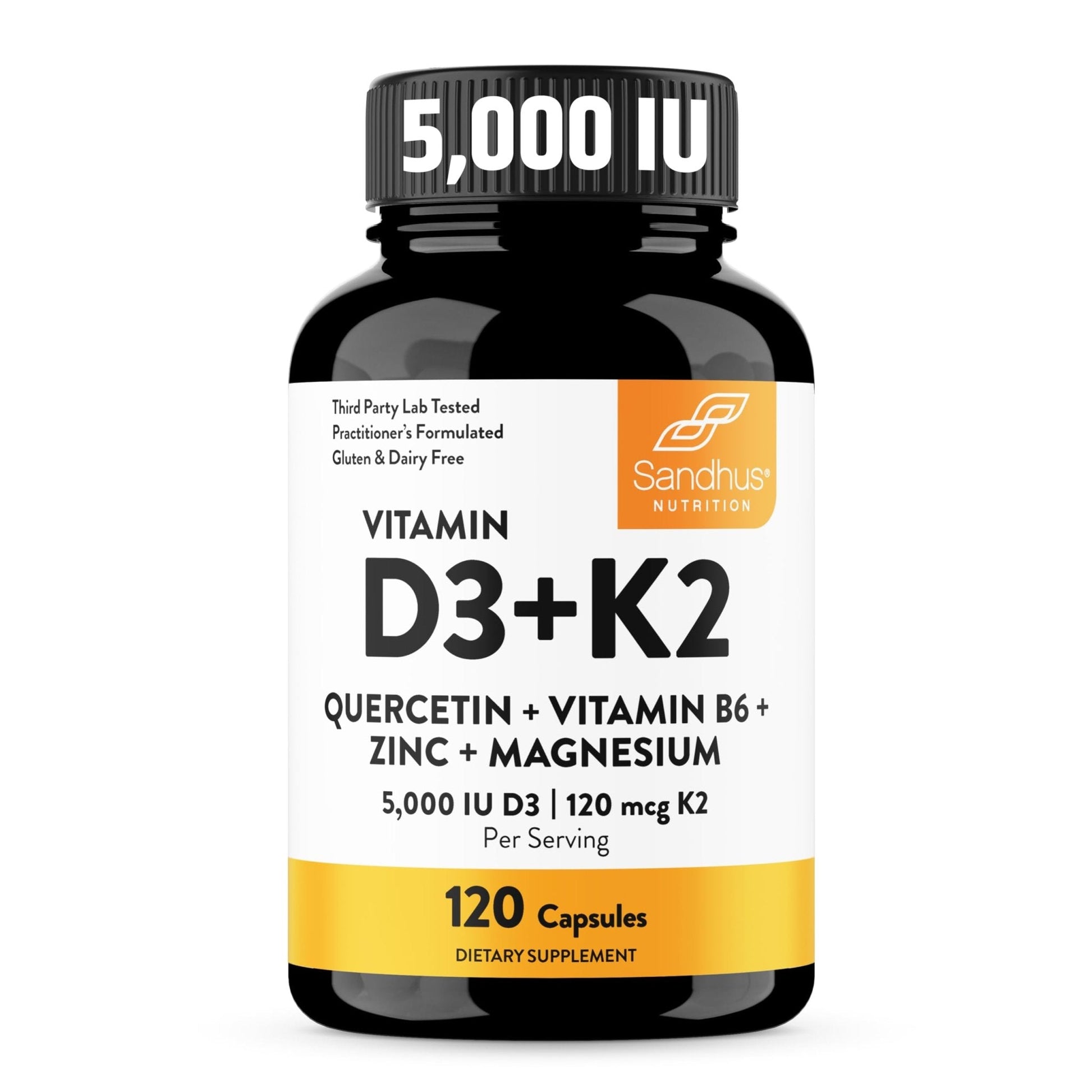 Sandhu's Vitamin D3 K2 Magnesium 5000 IU, 120mcg K2 Capsules 120 Count (Pack of 1) | with VIT B6, Zinc & Quercetin | D3K2 Supports Superior Absorption - Maple Wellness Supplements