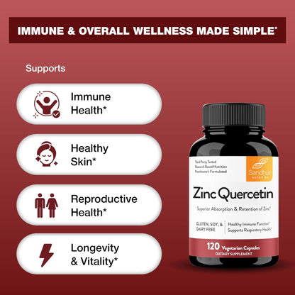 Sandhu's Zinc Quercetin 120 Vegetarian Capsules (Pack of 1) | High Absorption Zink Supplements for Immunity and Seasonal Allergy | Antioxidant Immune Support - Maple Wellness Supplements