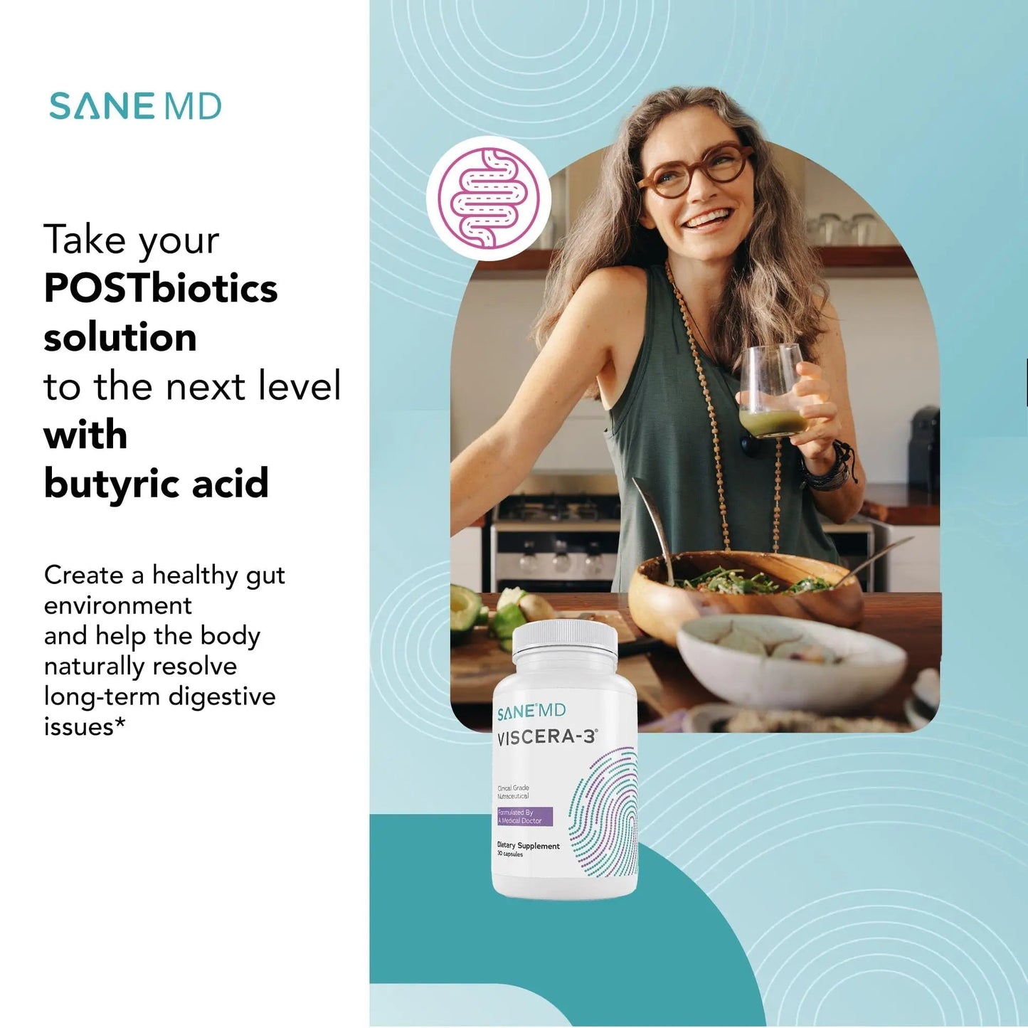 SANE MD - Viscera 3 Postbiotics with Tributyrin - Sodium Butyrate Supplement for Gas and Bloating Relief - Gut Health - IBS & Leaky Gut Butyric Acid Supplement - NSF Certified - 30 Capsules - Maple Wellness Supplements