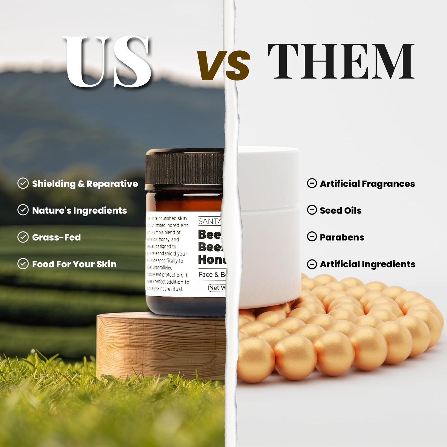 Santa Cruz Paleo, Beef Tallow, Beeswax & Honey Face Moisturizer, Organic, Unscented Grassfed Beef Tallow Skin Care, Sunscreen Free - Maple Wellness Supplements