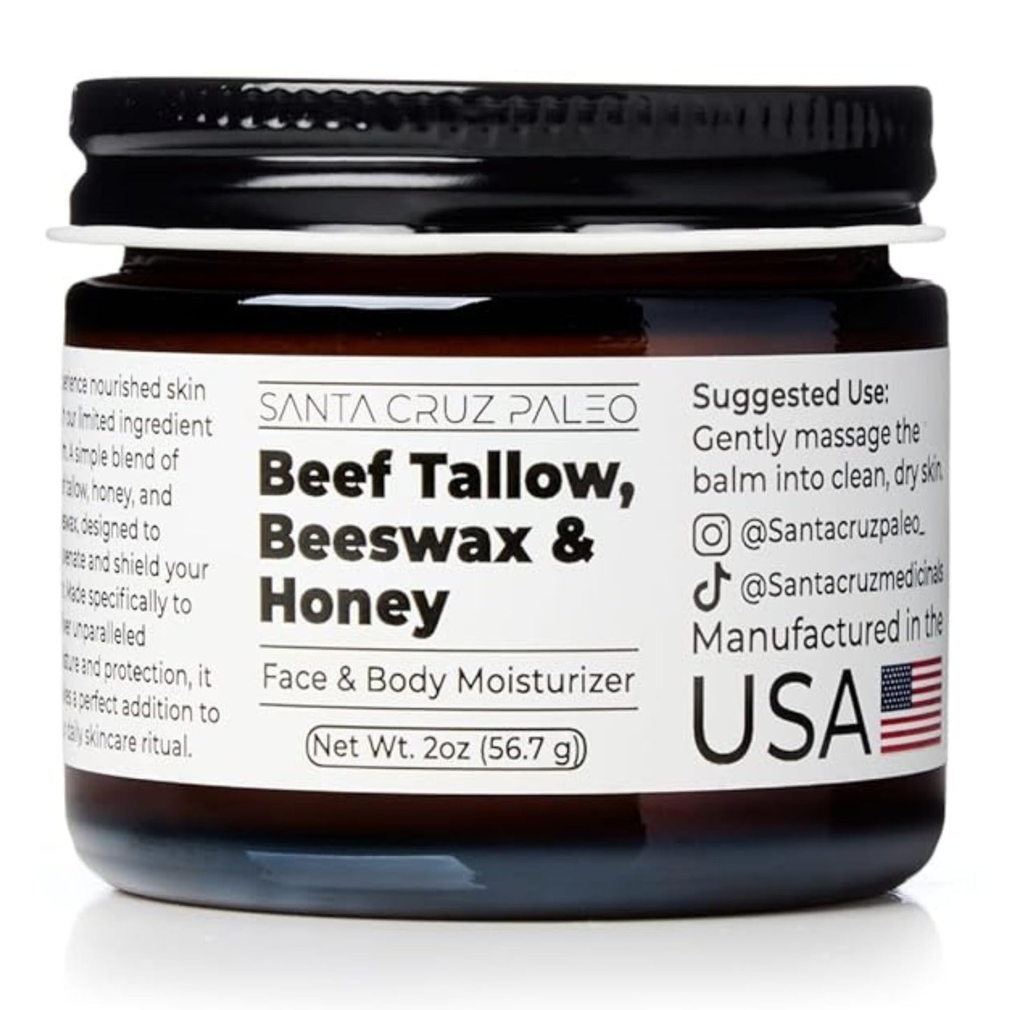 Santa Cruz Paleo, Beef Tallow, Beeswax & Honey Face Moisturizer, Organic, Unscented Grassfed Beef Tallow Skin Care, Sunscreen Free - Maple Wellness Supplements