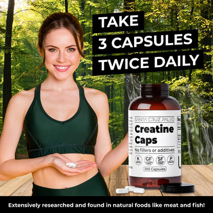 Santa Cruz Paleo Creatine Capsules, Supports Muscle Growth & Energy, Gluten Free, Keto, Sugar Free, Paleo, No Fillers or Additives, Creatine Monohydrate Pills, - Maple Wellness Supplements