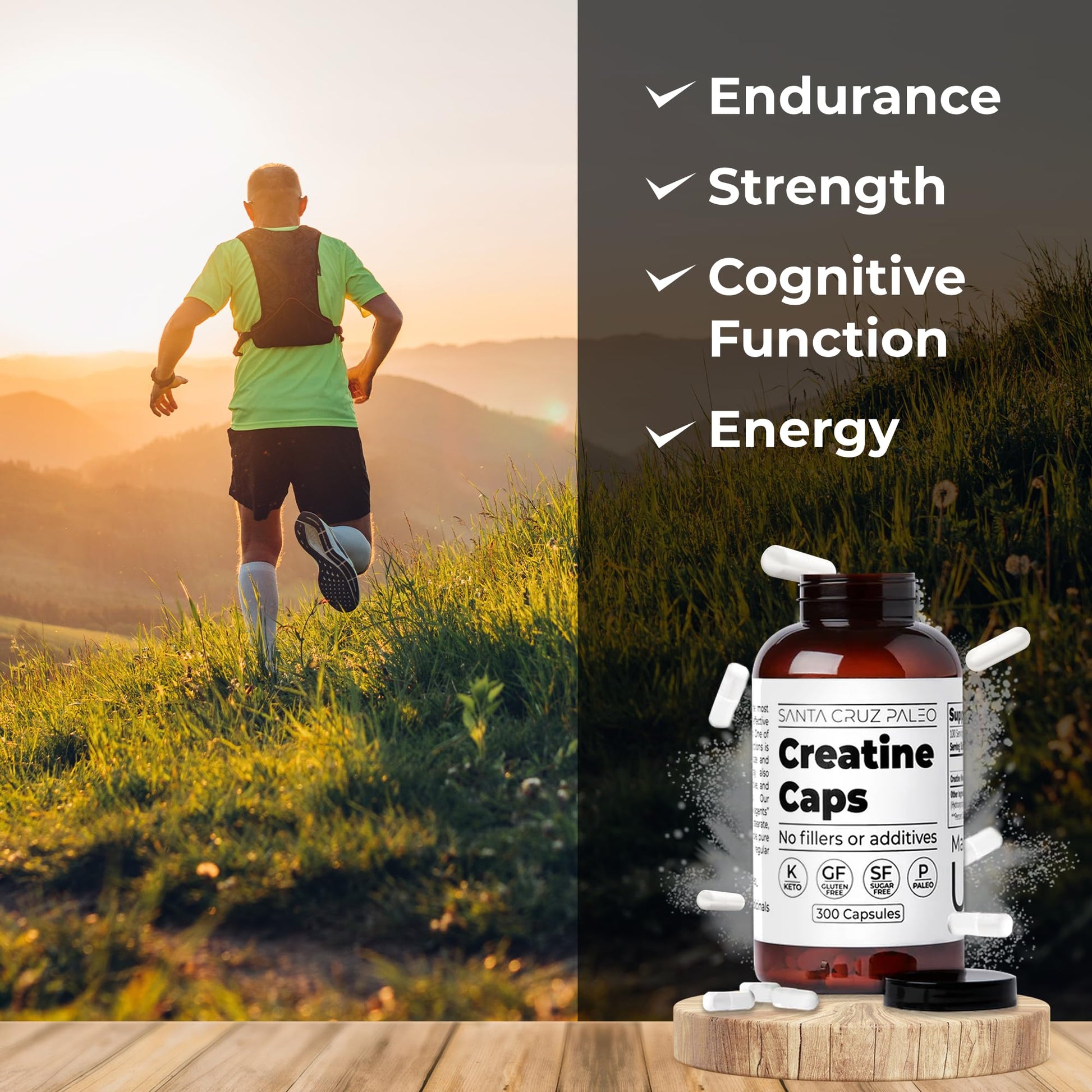 Santa Cruz Paleo Creatine Capsules, Supports Muscle Growth & Energy, Gluten Free, Keto, Sugar Free, Paleo, No Fillers or Additives, Creatine Monohydrate Pills, - Maple Wellness Supplements