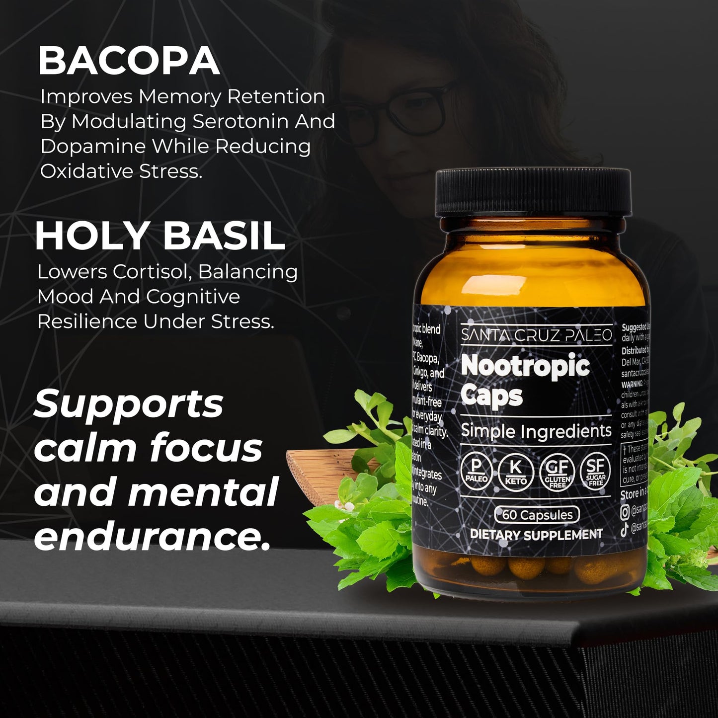 Santa Cruz Paleo Nootropic Capsules – Lions Mane, Alpha GPC, Panax Ginseng & Ginkgo Biloba for Focus, Memory, Mental Clarity & Energy – Keto, Paleo, Gluten Free Brain Supplement, 60 Caps - Maple Wellness Supplements