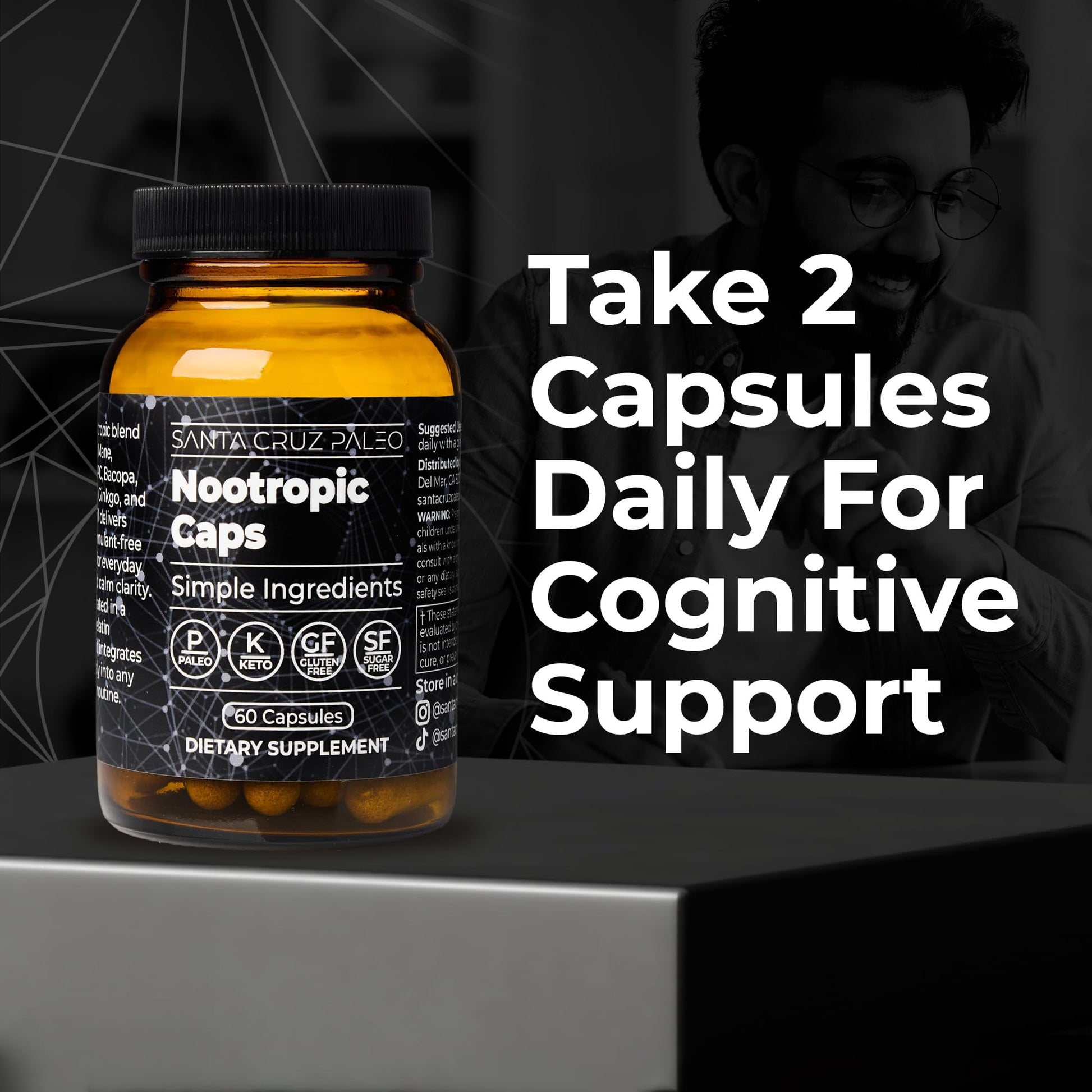 Santa Cruz Paleo Nootropic Capsules – Lions Mane, Alpha GPC, Panax Ginseng & Ginkgo Biloba for Focus, Memory, Mental Clarity & Energy – Keto, Paleo, Gluten Free Brain Supplement, 60 Caps - Maple Wellness Supplements