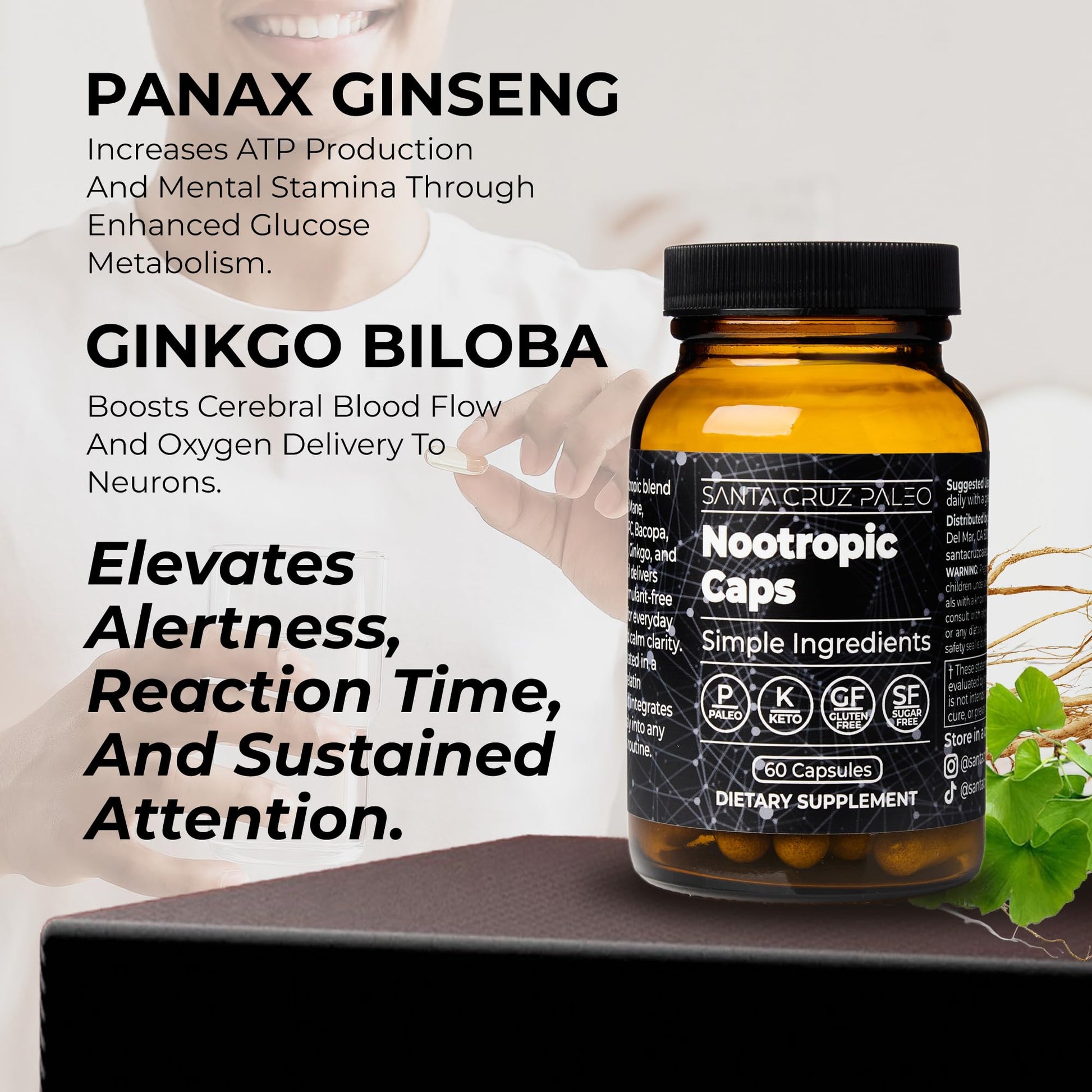 Santa Cruz Paleo Nootropic Capsules – Lions Mane, Alpha GPC, Panax Ginseng & Ginkgo Biloba for Focus, Memory, Mental Clarity & Energy – Keto, Paleo, Gluten Free Brain Supplement, 60 Caps - Maple Wellness Supplements