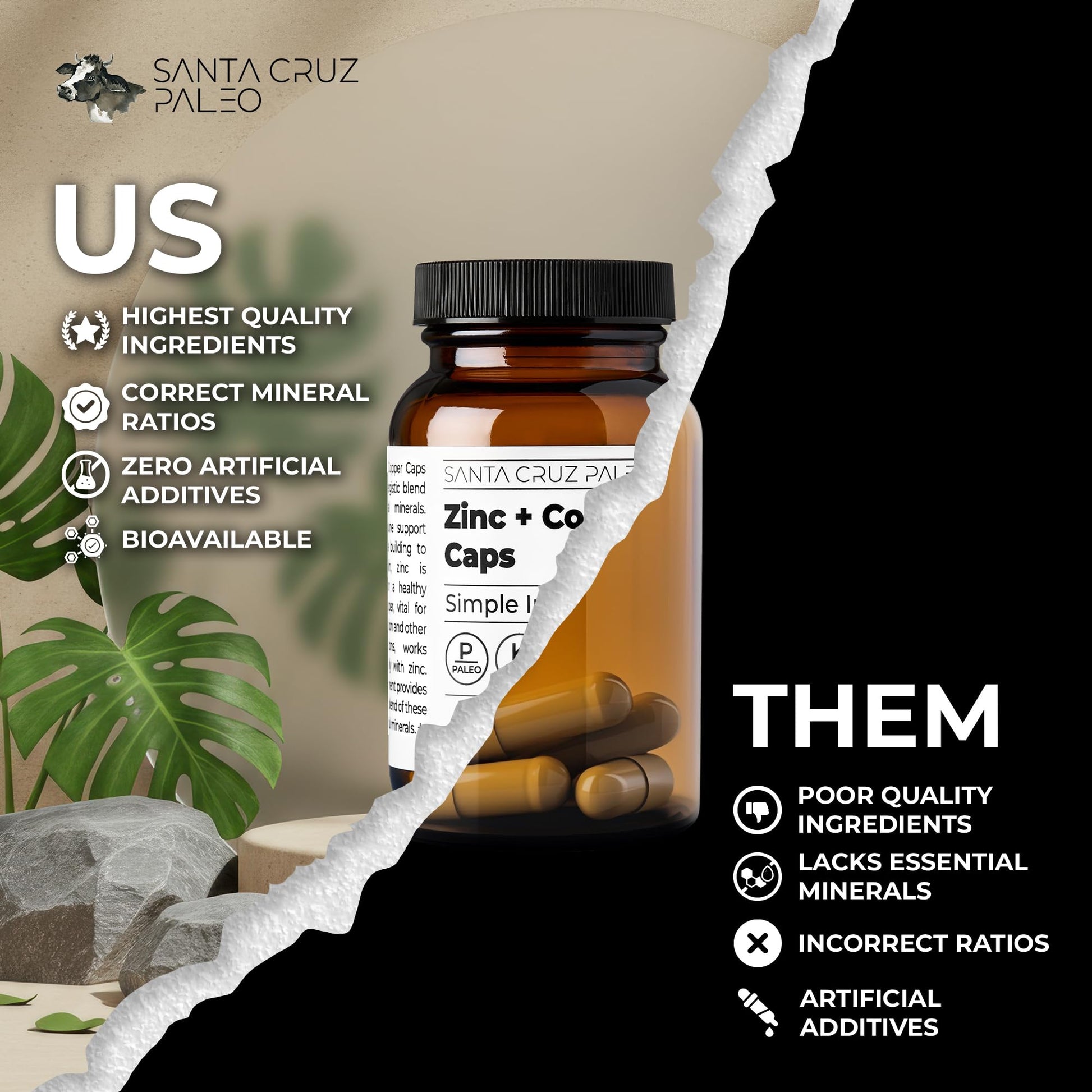 Santa Cruz Paleo, Zinc & Copper Mineral Supplement, High Absorption Formula, Zinc Supplement for Skin & Hair, L Methionine, Copper Gluconate, Trace Minerals - Maple Wellness Supplements