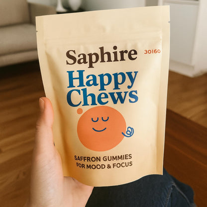 SAPHIRE HAPPY CHEWS Saffron Gummies for Kids | Supports Mood, Calm & Focus | Saffron Extract, Passionflower, St. John’s Wort & GABA - Maple Wellness Supplements