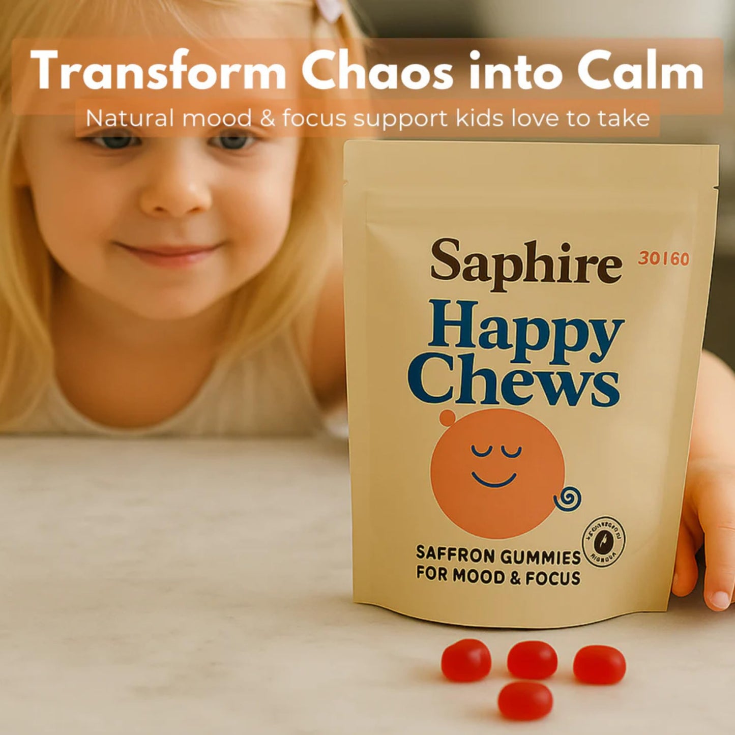 SAPHIRE HAPPY CHEWS Saffron Gummies for Kids | Supports Mood, Calm & Focus | Saffron Extract, Passionflower, St. John’s Wort & GABA - Maple Wellness Supplements