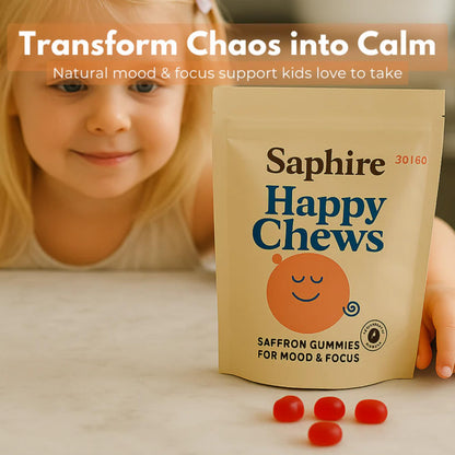 SAPHIRE HAPPY CHEWS Saffron Gummies for Kids | Supports Mood, Calm & Focus | Saffron Extract, Passionflower, St. John’s Wort & GABA - Maple Wellness Supplements