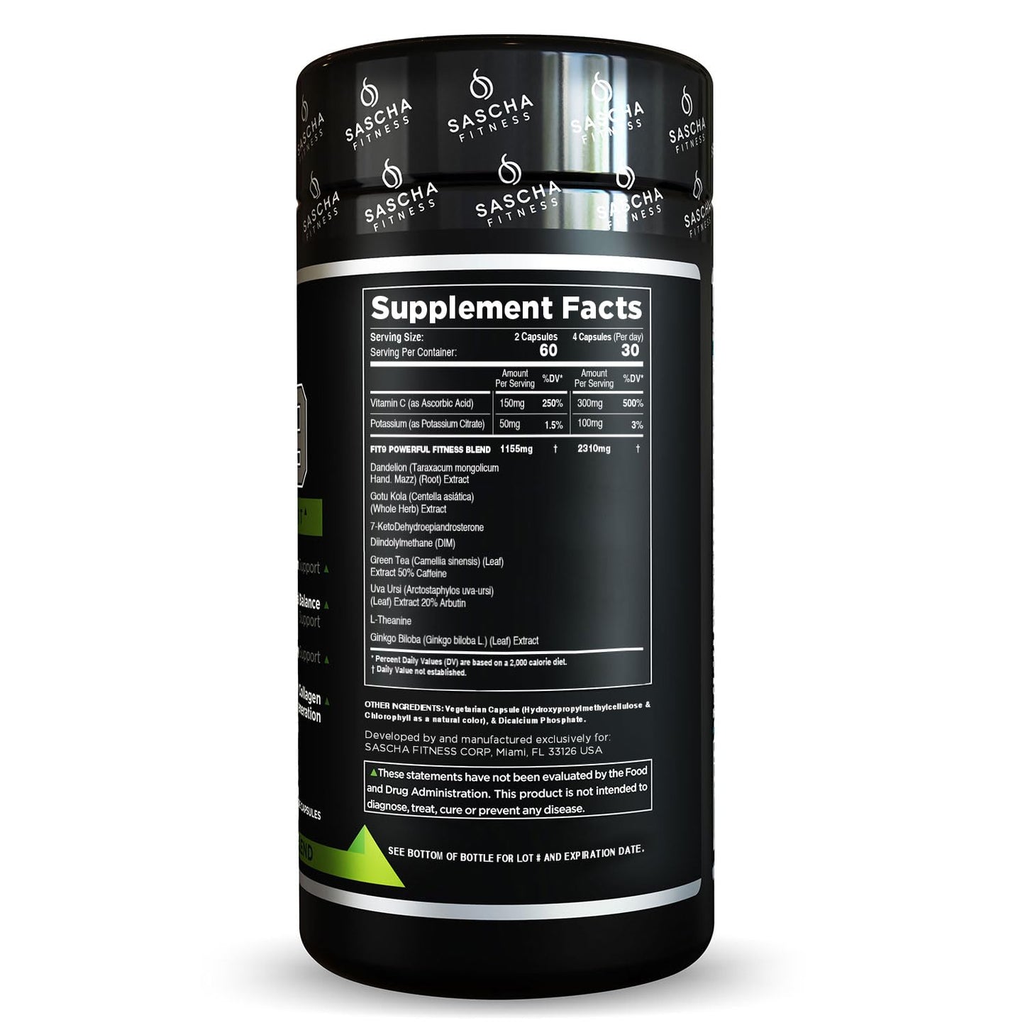 Sascha Fitness Fat Loss pills | Collagen support | Fluid Balance | FIT9 Ingredients: 7Keto + Uva Ursi, Gotu Kola, L-Theanine,Gingko Biloba,DIM,Green Tea | Weight Loss Supplements-Vegan-120 Natural Cap - Maple Wellness Supplements