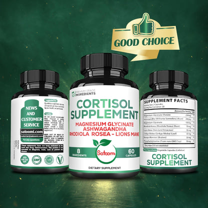 Satoomi 8in1 Cortisol Manager with Magnesium Glycinate, Ashwagandha, Rhodiola Rosea, Lions Mane & More - Cortisol Reducer Supplement Men & Women - 60 Capsules - Maple Wellness Supplements