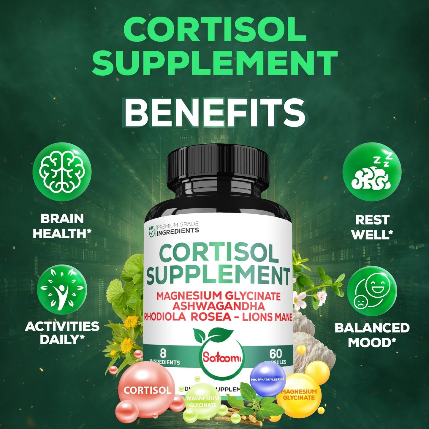 Satoomi 8in1 Cortisol Manager with Magnesium Glycinate, Ashwagandha, Rhodiola Rosea, Lions Mane & More - Cortisol Reducer Supplement Men & Women - 60 Capsules - Maple Wellness Supplements
