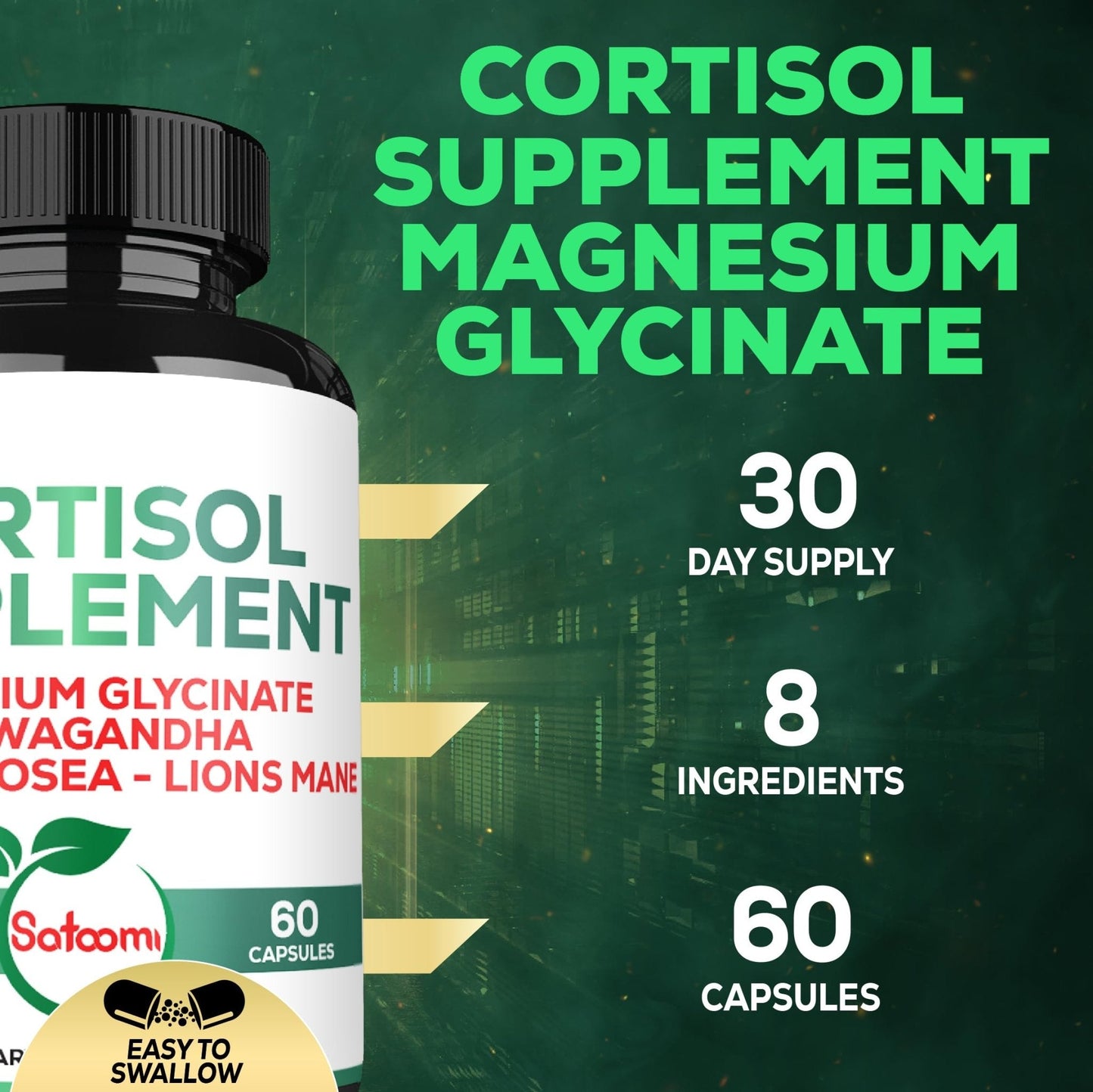 Satoomi 8in1 Cortisol Manager with Magnesium Glycinate, Ashwagandha, Rhodiola Rosea, Lions Mane & More - Cortisol Reducer Supplement Men & Women - 60 Capsules - Maple Wellness Supplements