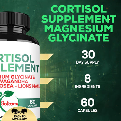 Satoomi 8in1 Cortisol Manager with Magnesium Glycinate, Ashwagandha, Rhodiola Rosea, Lions Mane & More - Cortisol Reducer Supplement Men & Women - 60 Capsules - Maple Wellness Supplements