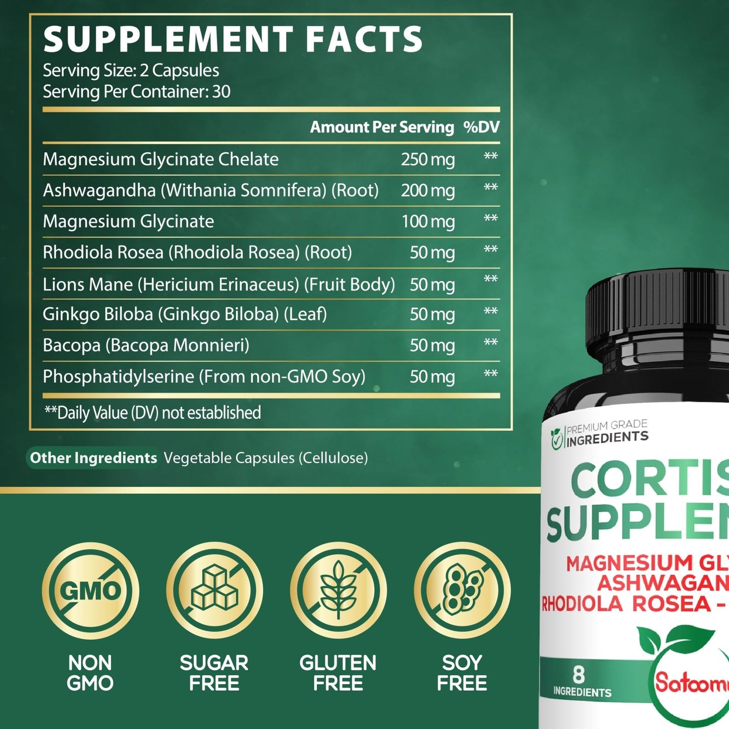 Satoomi 8in1 Cortisol Manager with Magnesium Glycinate, Ashwagandha, Rhodiola Rosea, Lions Mane & More - Cortisol Reducer Supplement Men & Women - 60 Capsules - Maple Wellness Supplements