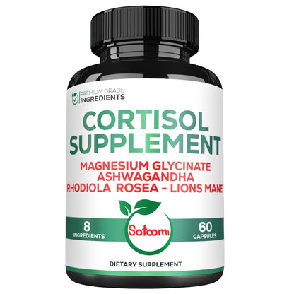 Satoomi 8in1 Cortisol Manager with Magnesium Glycinate, Ashwagandha, Rhodiola Rosea, Lions Mane & More - Cortisol Reducer Supplement Men & Women - 60 Capsules - Maple Wellness Supplements