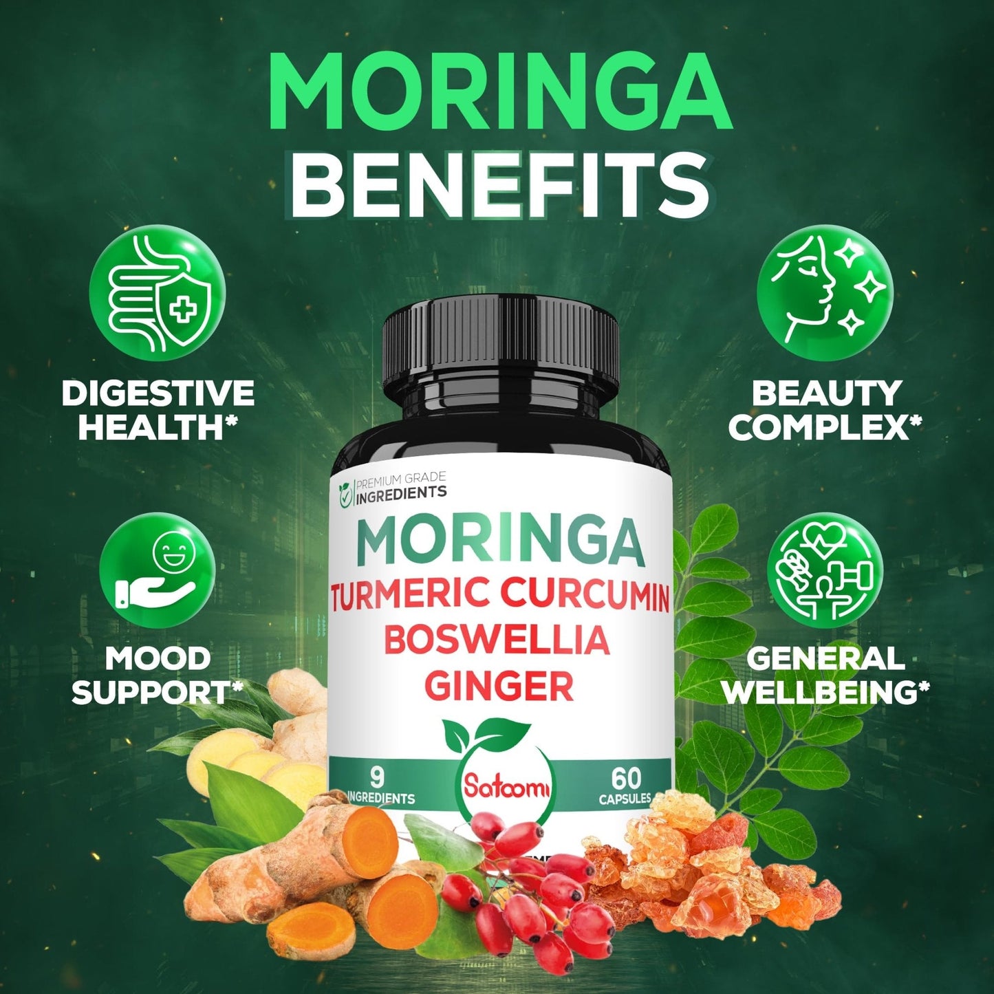 Satoomi 9in1 Moringa Capsules - Featuring Moringa, Turmeric, Boswellia, Ginger, Ashwagandha, Ceylon Cinnamon and Milk Thistle, and Resveratrol | Support Mood, Heart & Overall Health - 60 Count - Maple Wellness Supplements