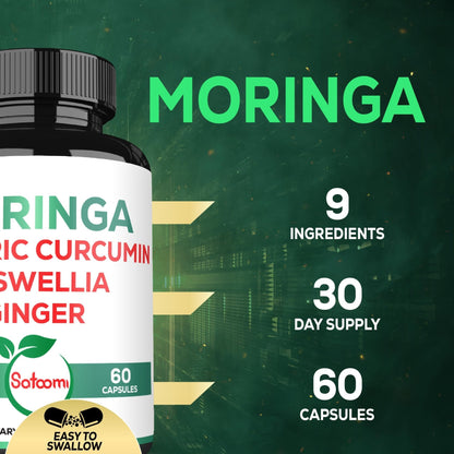 Satoomi 9in1 Moringa Capsules - Featuring Moringa, Turmeric, Boswellia, Ginger, Ashwagandha, Ceylon Cinnamon and Milk Thistle, and Resveratrol | Support Mood, Heart & Overall Health - 60 Count - Maple Wellness Supplements