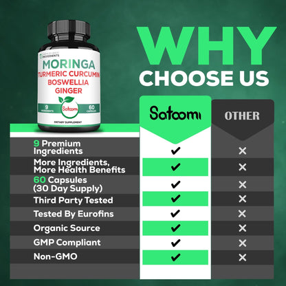 Satoomi 9in1 Moringa Capsules - Featuring Moringa, Turmeric, Boswellia, Ginger, Ashwagandha, Ceylon Cinnamon and Milk Thistle, and Resveratrol | Support Mood, Heart & Overall Health - 60 Count - Maple Wellness Supplements