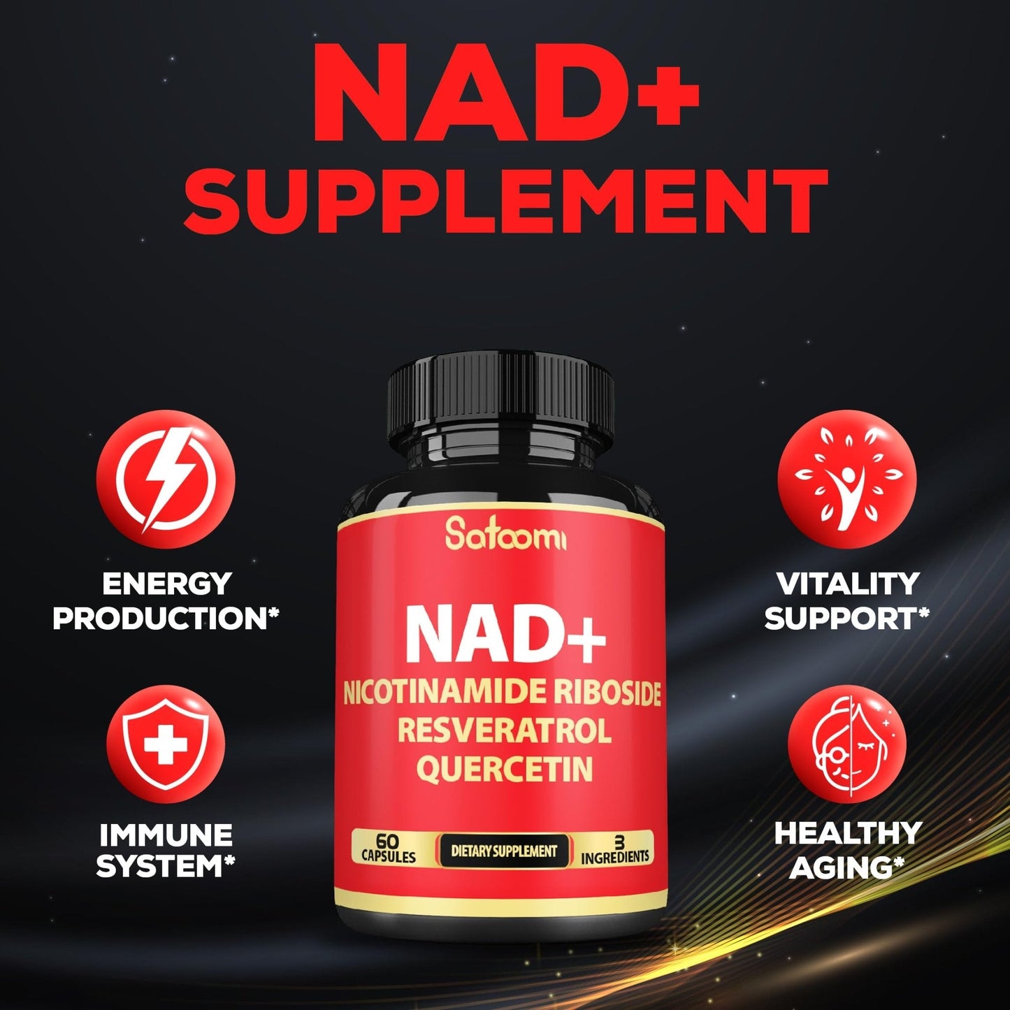 Satoomi NAD Supplement with Nicotinamide Riboside NR, Resveratrol, Quercetin - 60 Count - 30 Days - Maple Wellness Supplements