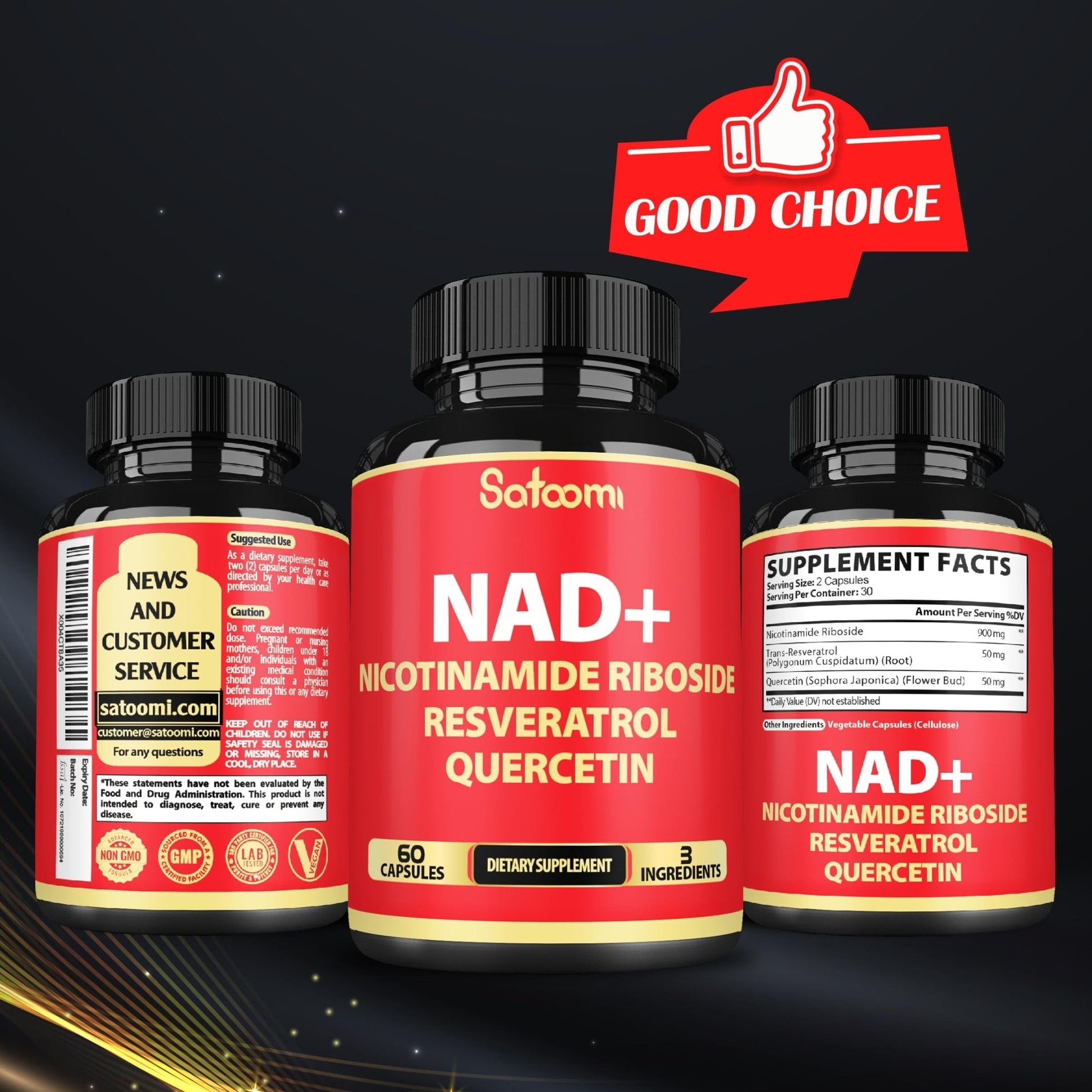 Satoomi NAD Supplement with Nicotinamide Riboside NR, Resveratrol, Quercetin - 60 Count - 30 Days - Maple Wellness Supplements