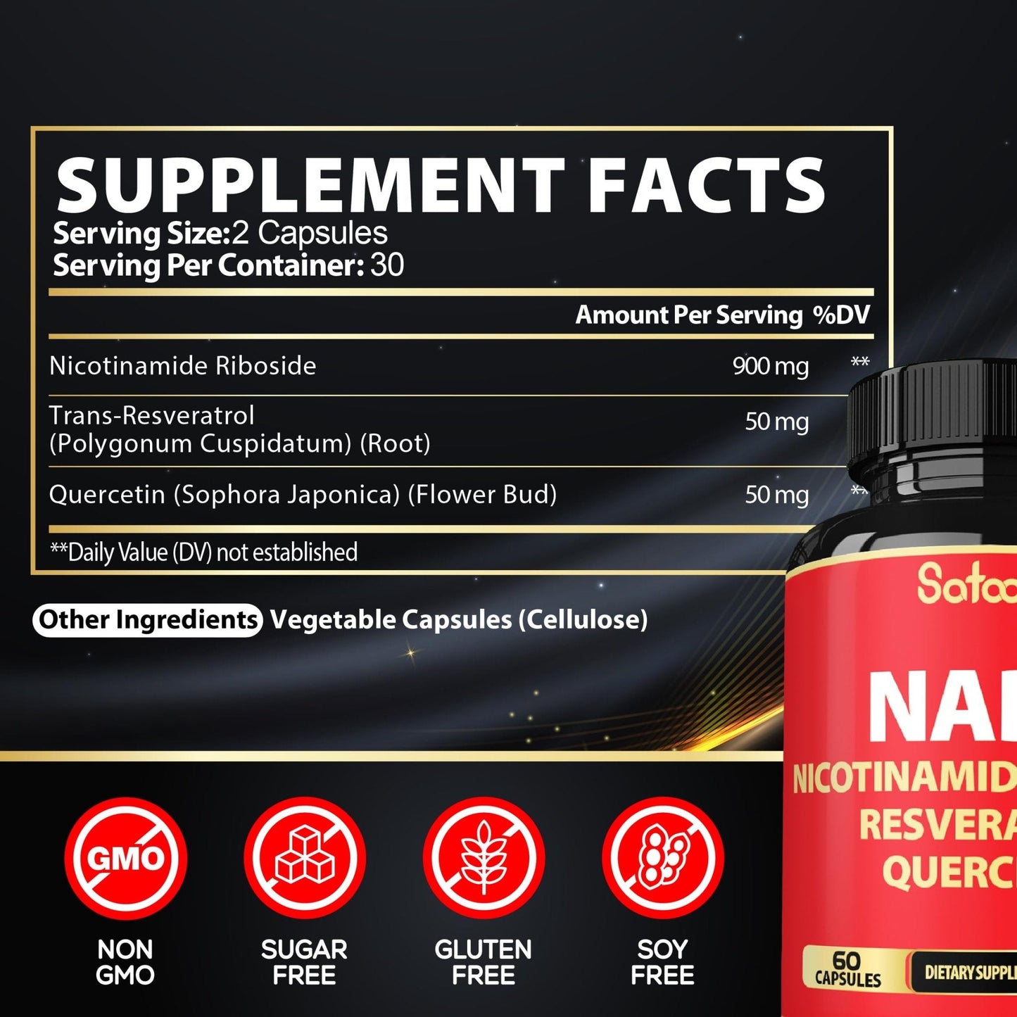 Satoomi NAD Supplement with Nicotinamide Riboside NR, Resveratrol, Quercetin - 60 Count - 30 Days - Maple Wellness Supplements
