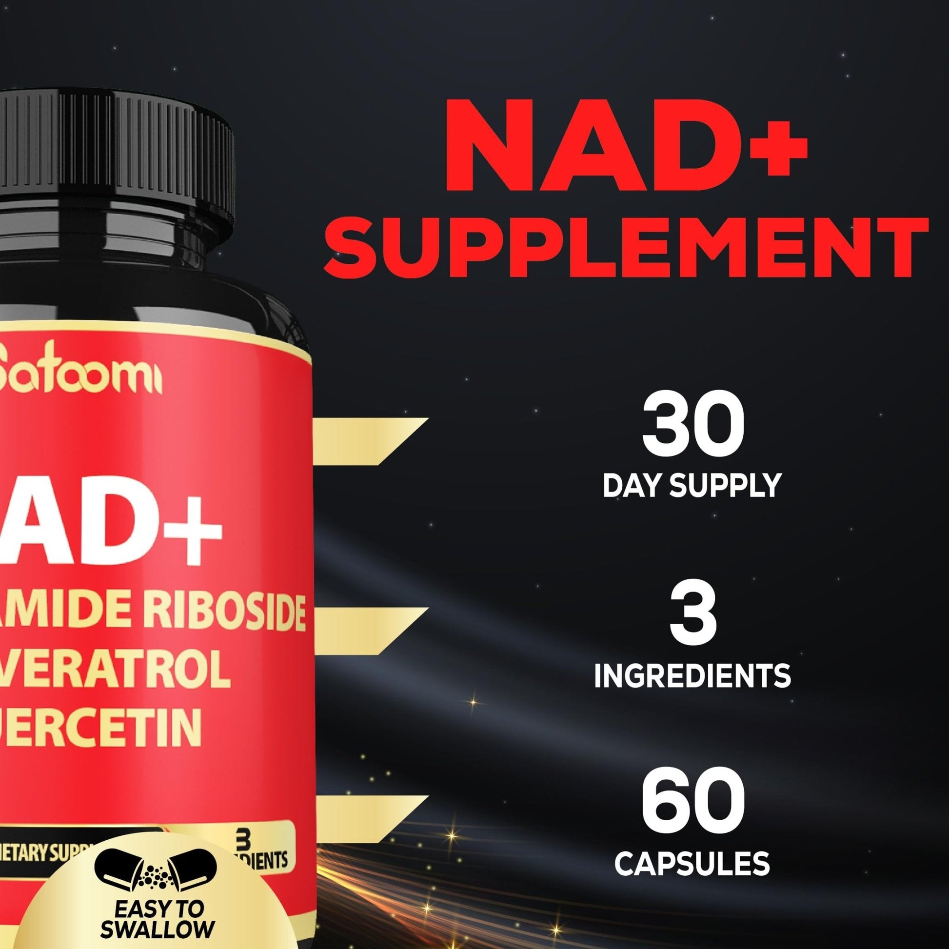 Satoomi NAD Supplement with Nicotinamide Riboside NR, Resveratrol, Quercetin - 60 Count - 30 Days - Maple Wellness Supplements