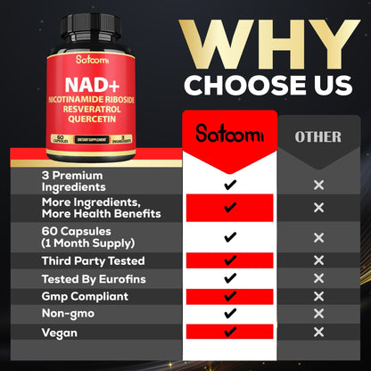 Satoomi NAD Supplement with Nicotinamide Riboside NR, Resveratrol, Quercetin - 60 Count - 30 Days - Maple Wellness Supplements