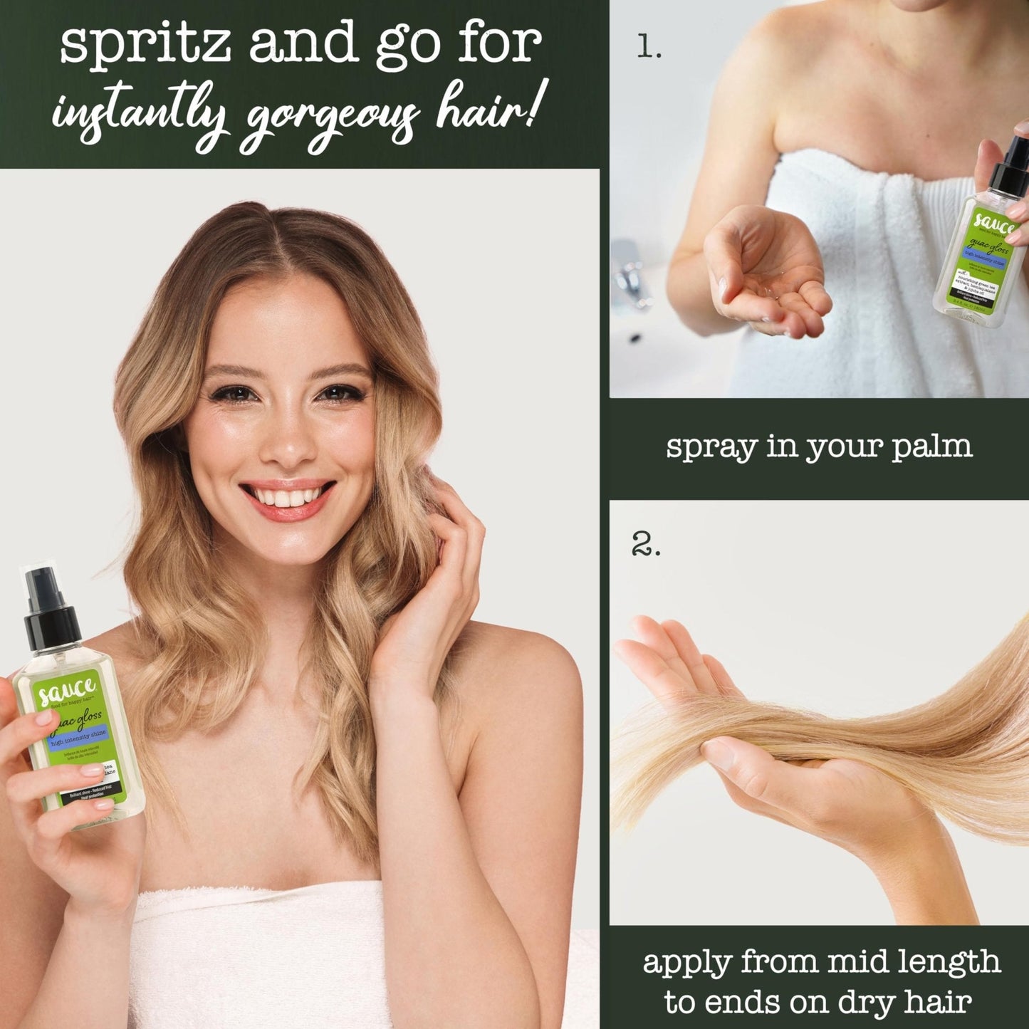 SAUCE BEAUTY Guac Hair Gloss, 3 Fl Oz High Intensity Shine, Jojoba Oil, Green Tea Extract & Squalane to Smooth, Boost Shine & Control Frizz for Sleeker, Softer, More Manageable Hair, Vegan Formula - Maple Wellness Supplements