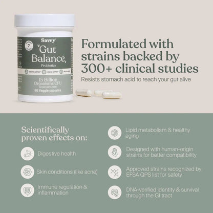 SAVVY Gut Balance Probiotics for Women & Men, 15 Billion CFU, 7 Clinically Studied Strains, Digestive Health, Immune Support, Bloating Relief, 60 Vegan Capsules, Non GMO, Sugar-Free - Maple Wellness Supplements