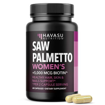 Saw Palmetto for Women with Biotin 5000mcg - Powerful DHT Blocker to Support Hair, Skin, and Nail Health - 60 Count - Vegan, Non-GMO Vitamin for Stronger, - Maple Wellness Supplements