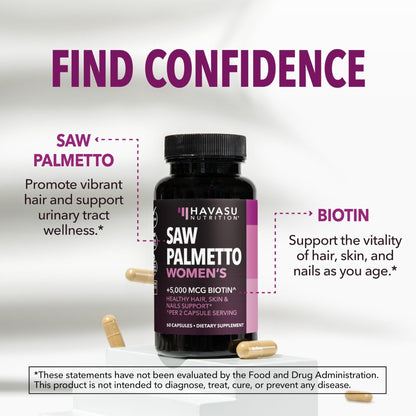 Saw Palmetto for Women with Biotin 5000mcg - Powerful DHT Blocker to Support Hair, Skin, and Nail Health - 60 Count - Vegan, Non-GMO Vitamin for Stronger, - Maple Wellness Supplements