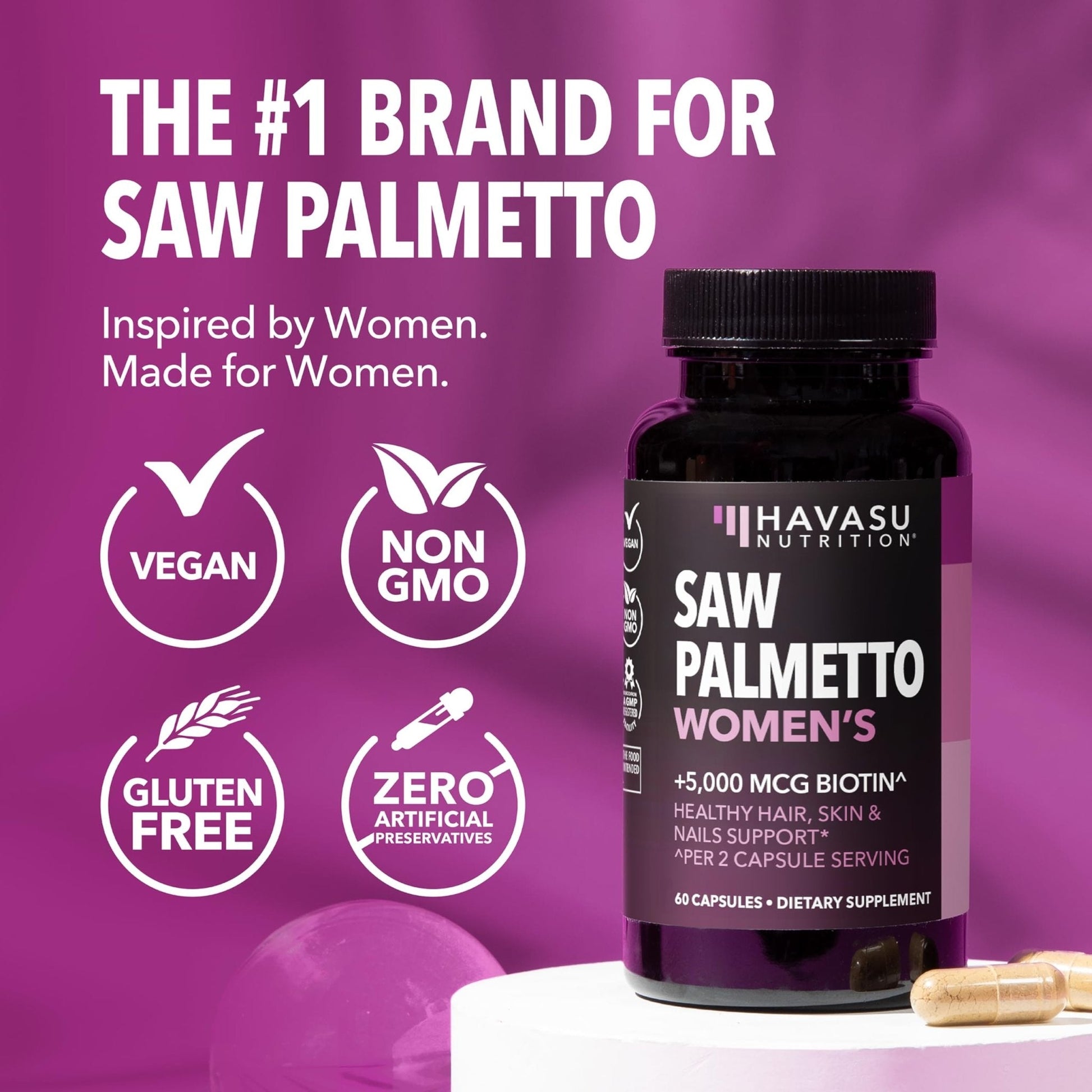 Saw Palmetto for Women with Biotin 5000mcg - Powerful DHT Blocker to Support Hair, Skin, and Nail Health - 60 Count - Vegan, Non-GMO Vitamin for Stronger, - Maple Wellness Supplements