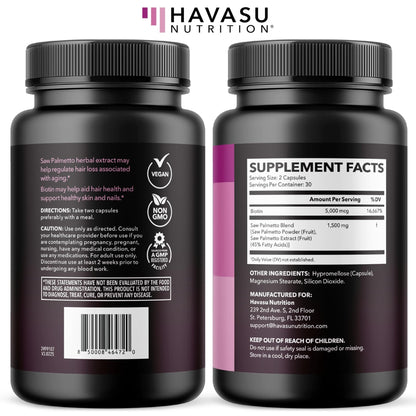 Saw Palmetto for Women with Biotin 5000mcg - Powerful DHT Blocker to Support Hair, Skin, and Nail Health - 60 Count - Vegan, Non-GMO Vitamin for Stronger, - Maple Wellness Supplements