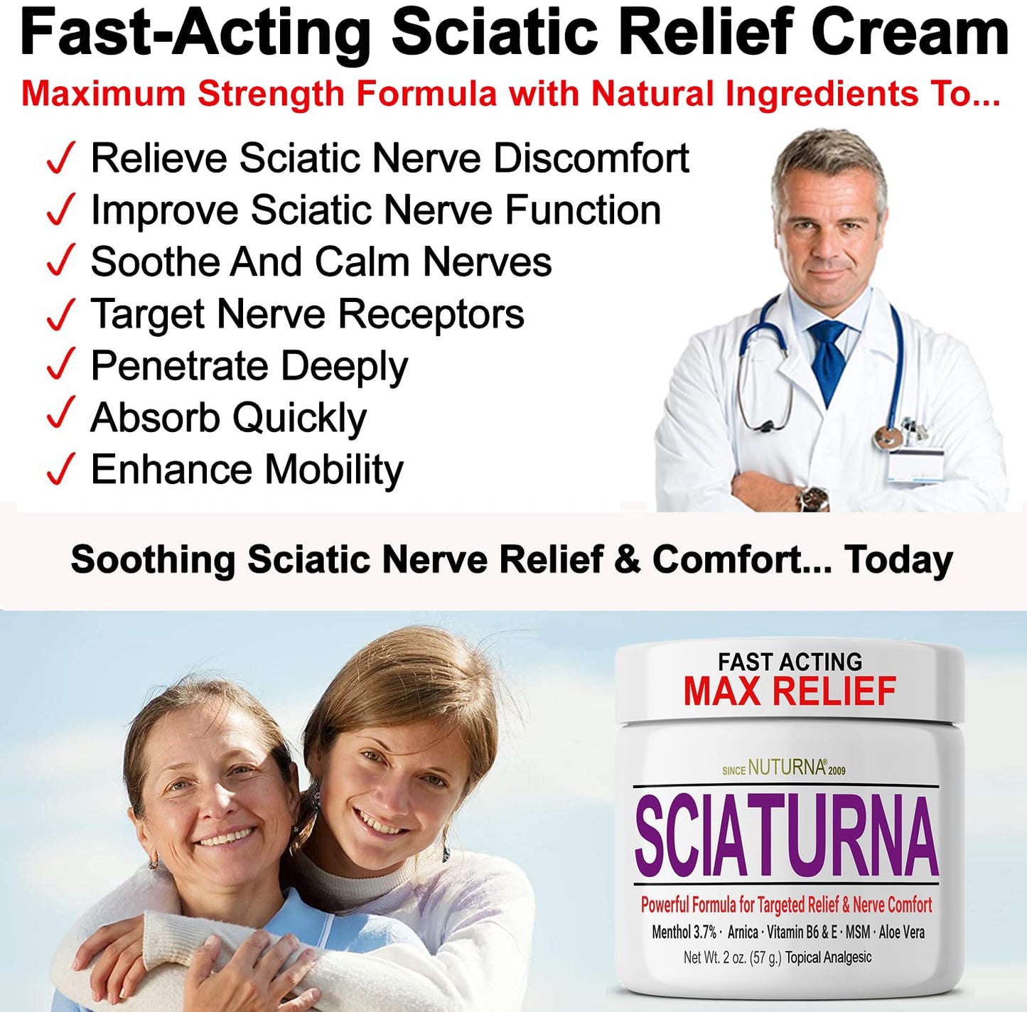 Sciatica Nerve Cream - Maximum Strength Comfort Cream for Feet, Hands, Legs, Toes, Back - Natural Ultra Strength Arnica, MSM, Menthol, Soothing Comfort, Large 4 Oz - Maple Wellness Supplements