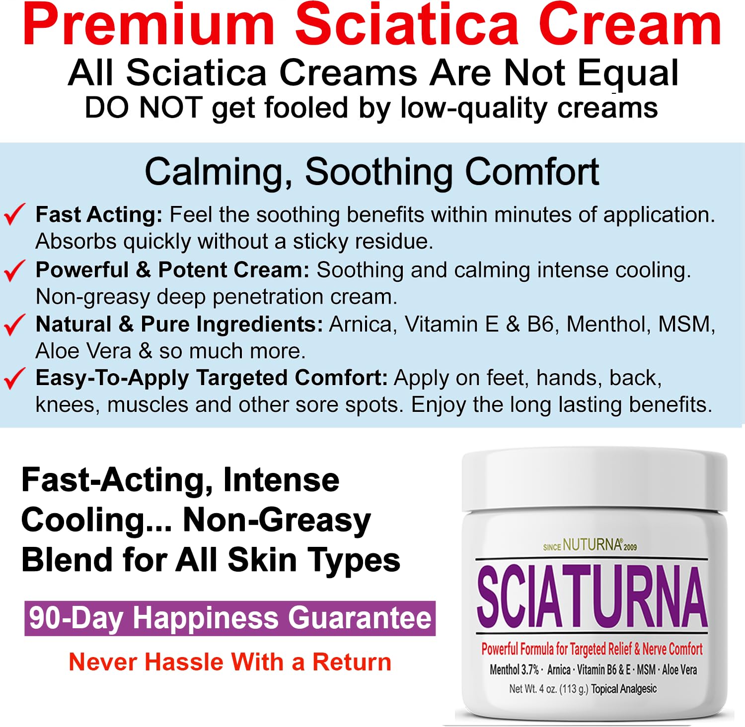 Sciatica Nerve Cream - Maximum Strength Comfort Cream for Feet, Hands, Legs, Toes, Back - Natural Ultra Strength Arnica, MSM, Menthol, Soothing Comfort, Large 4 Oz - Maple Wellness Supplements