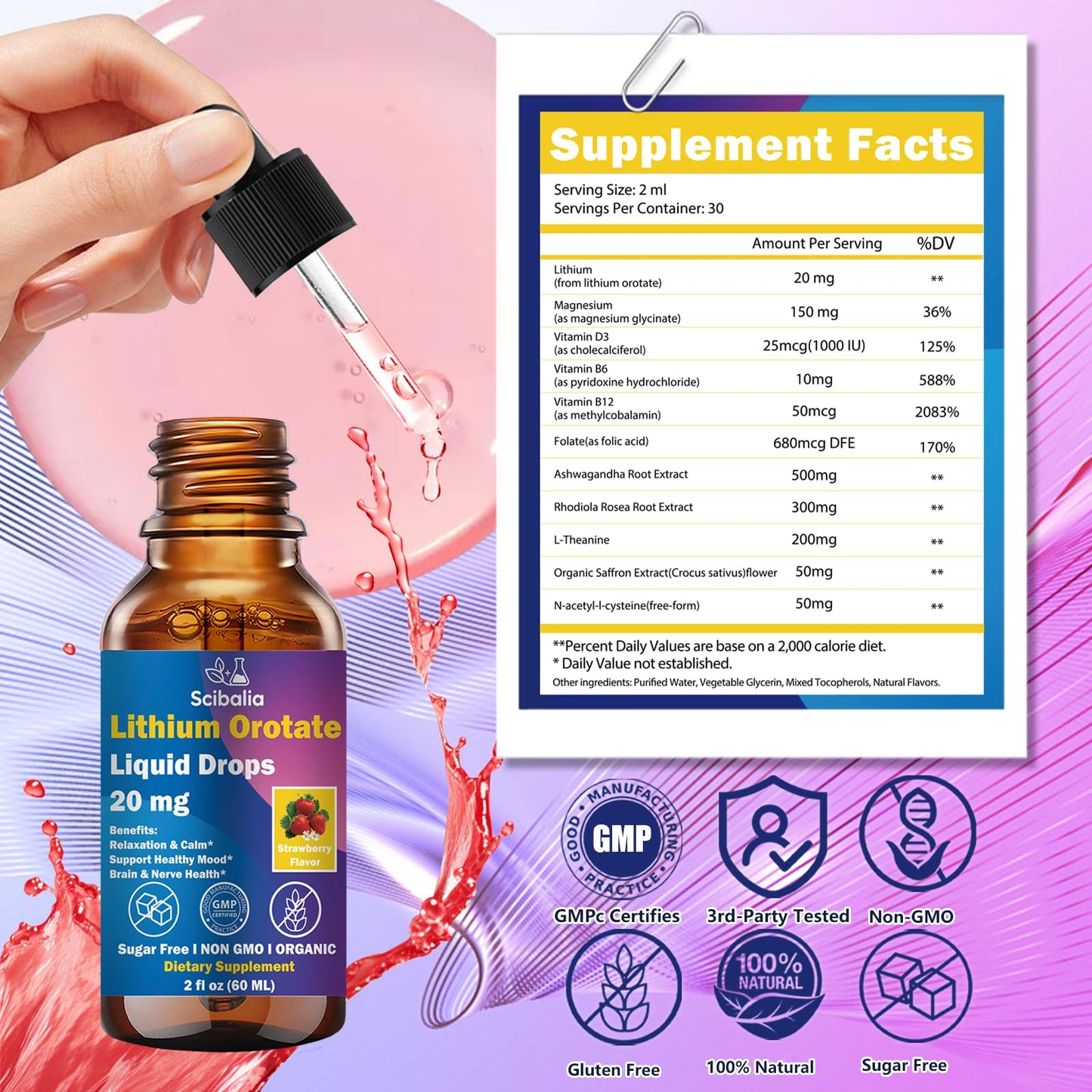 Scibalia Lithium Orotate Liquid Drops 20mg, Potency 11-in-1 Lithium Supplement w. NAC Magnesium Ashwagandha Theanine Vitamin D3 B6 B12 for Memory Brain Mood Cognitive Support, - Maple Wellness Supplements