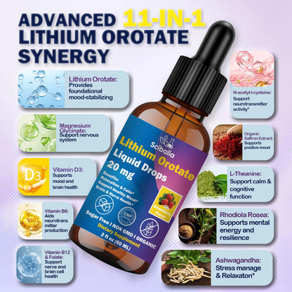 Scibalia Lithium Orotate Liquid Drops 20mg, Potency 11-in-1 Lithium Supplement w. NAC Magnesium Ashwagandha Theanine Vitamin D3 B6 B12 for Memory Brain Mood Cognitive Support, - Maple Wellness Supplements